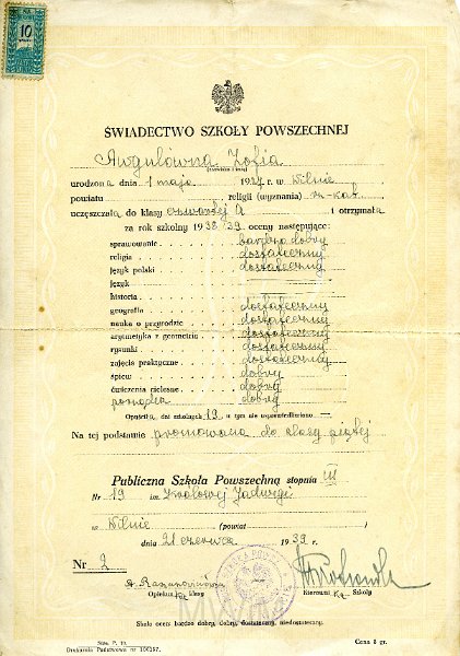 KKE 5754.jpg - Dok. Świadectwo szkolne z Publicznej Szkoły Powszechnej stopnia III nr. 19 im. Królowej Jadwigi umożliwające promocję do klasy piątej Zofii Awgul podpisane przez wychowawcę panią Raszunowiczówną, Wilno, 21 VI 1939 r. Drukarnia państwowa nr: 106157.